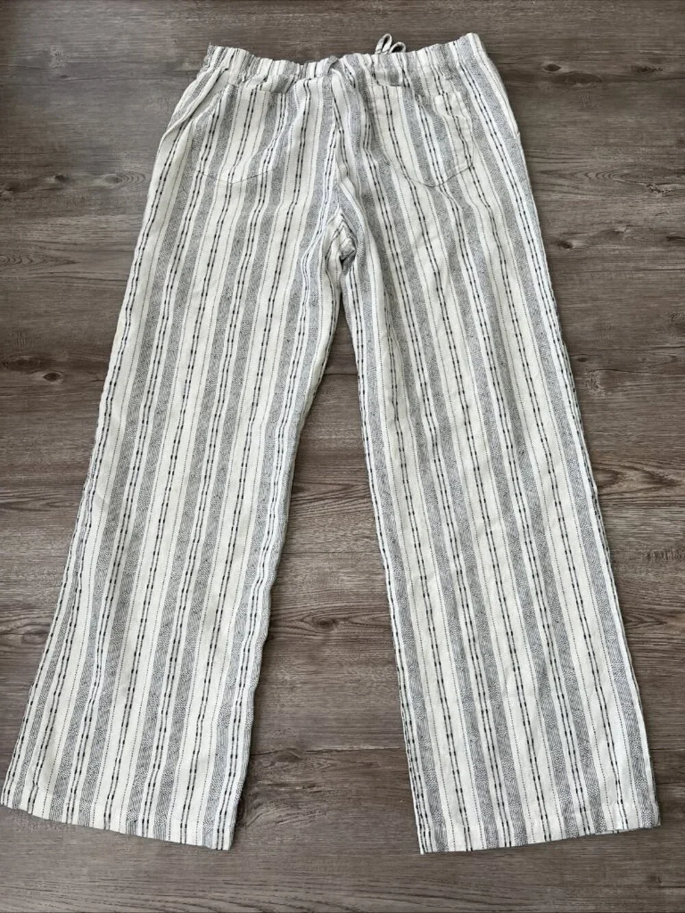 4Our Dreamers Striped Linen Blend Wide Leg Pants Womens L Cream Drawstring Coast